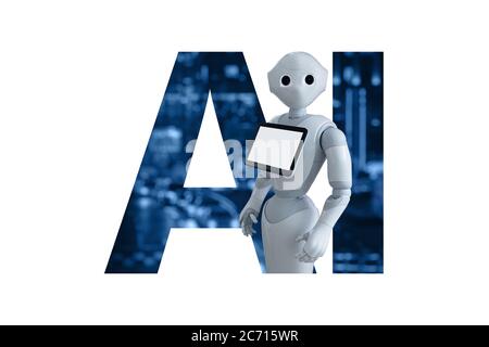 Robot on a background of text AI . Artificial Intelligence Concept Stock Photo