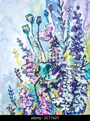 Delphinium white pink purple flowers. Acrylic painting on canvas. Stock Photo