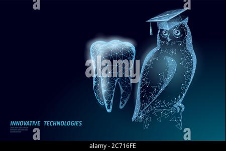 E-learning distance medicine dental graduate certificate program concept. Low poly 3D render graduation cap on tooth banner template. Internet Stock Vector