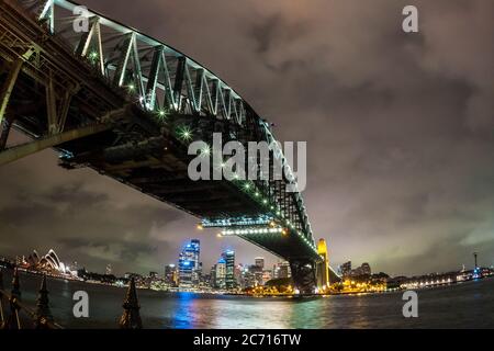 Bottom view of the Sydney Harbour Bridge, Sydney Harbour at night, Australia Stock Photo