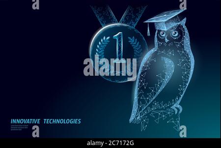 E-learning distance graduate certificate achievement program concept. Low poly 3D first 1 place winner contest. Internet education business course Stock Vector