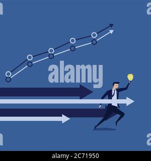 Businessman run holding idea with arrow directing progress.Symbol of idea bring the chart up. Stock Vector