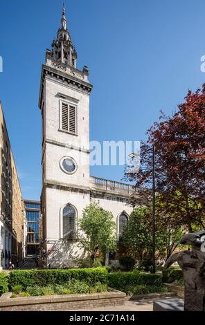 View of the tower, completed by Nicholas Hawksmoor from the south wets. Christopher Wren churches -  St. Michael Paternoster Royal, London, United Kin Stock Photo