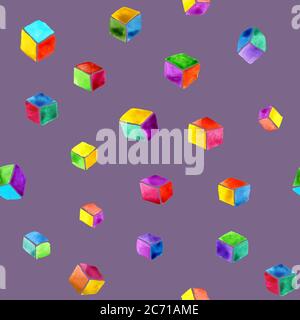 Abstract watercolor seamless pattern of multicolored cubes on a purple background. Hand drawing and digitized. Design for wallpaper, textile, fabric, bookend, wrapping. Stock Photo