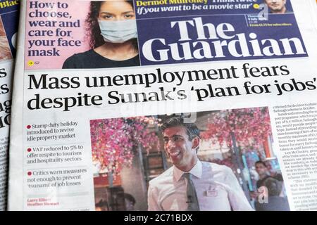 The Guardian newspaper headline 'Mass unemployment fears despite Sunak's 'plan for jobs' ' Rishi Sunak summer budget 9 July 2020 London England UK Stock Photo