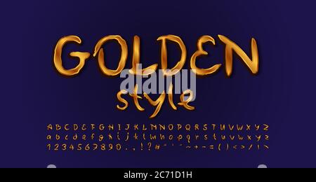 Golden style alphabet handwritten typeface golden colored. Uppercase and lowercase letters, numbers, symbols. Gradient background Navy blue colors. Ve Stock Vector
