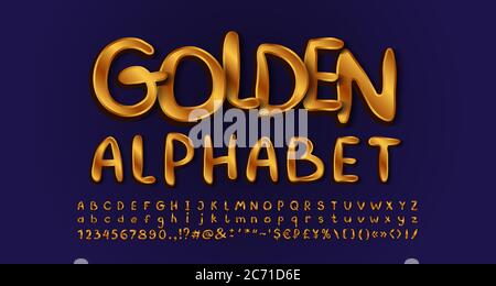 Gold elegant style alphabet, handwritten typeface golden colored. Uppercase and lowercase letters, numbers, symbols. Navy blue background. Vector illu Stock Vector