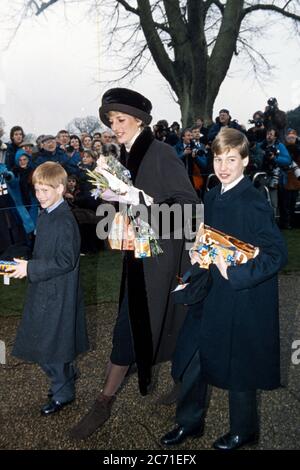 Princess Diana with Prince William and Prince Harry on Christmas Day in Sandringham 1994. Stock Photo