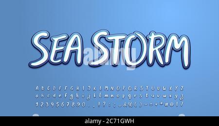 Sea storm alphabet white and gray-blue colors. Uppercase and lowercase letters, numbers, symbols. Vector illustration. Stock Vector