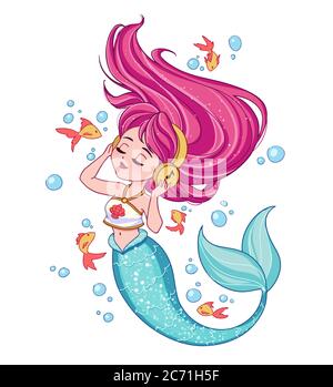 Cute pink haired mermaid wearing a t-shirt listen to music. Little golden fishes and bubbles on the background. Hand drawn shiny vector illustration. Stock Vector