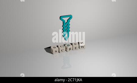 3D representation of screw with icon on the wall and text arranged by metallic cubic letters on a mirror floor for concept meaning and slideshow presentation Stock Photo