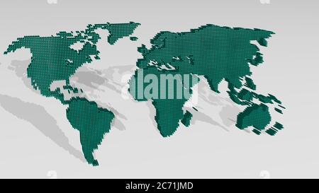 MAP OF THE WORLD stand with shadow. 3D illustration of metallic sculpture over a white background with mild texture. abstract and concept