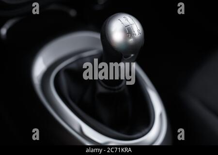 Manual car transmission. Interior detail Stock Photo