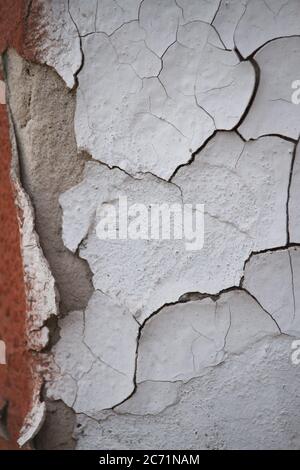 Old flaky cracked paint on gray wall, old paint background, selective focus Stock Photo