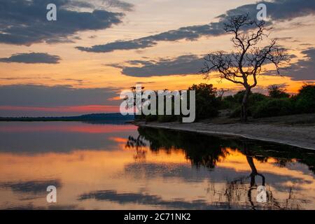 Sunset over the Chobe River in Chobe National Park in northern Botswana, Africa. Stock Photo