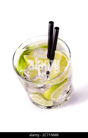 Caipiroska cocktail with lime isolated on white background Stock Photo