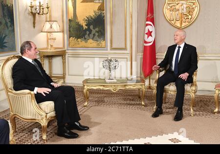 (200713) -- TUNIS, July 13, 2020 (Xinhua) -- Tunisian President Kais Saied (R) meets with visiting Algerian Foreign Minister Sabri Boukadoum in Tunis, Tunisia, July 13, 2020. (Tunisian Presidency/Handout via Xinhua) Stock Photo