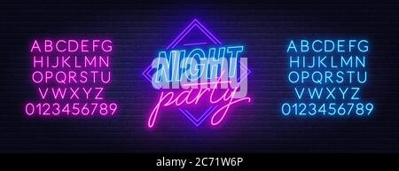 Neon sign Night party on brick wall background Stock Vector