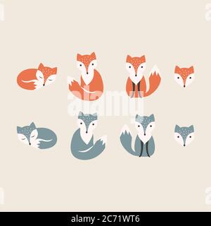 Red and polar fox kids cartoon icon. Colorful cute foxes character set. Children hand drawn style. Stock Vector