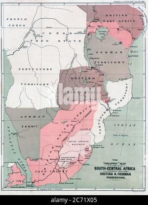 Map of south-Central Africa showing British and German possessions in the 1890’s.  After a map published in the June 25th, 1890 edition of The Graphic.  The inset map, lower left, shows England on the same scale as the African map. Stock Photo