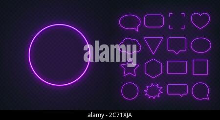 Circle, square, speech bubble, star, triangle, heart, hexagon and other glowing purple neon frames on a dark transparent background. Stock Vector