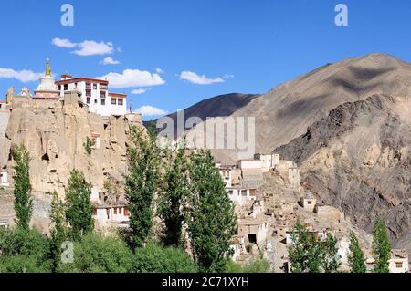 View Tibetan Buddhist monastery in Lamayuru, Ladakh, one of more interesting objects in the Indus valley Stock Photo