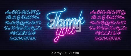 Neon pink and blue script font. Glowing alphabet with letters, numbers and special characters. Stock Vector
