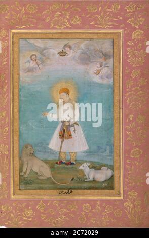 Akbar With Lion and Calf, Folio from the Shah Jahan Album, verso: ca. 1630; recto: ca. 1530-50. Stock Photo