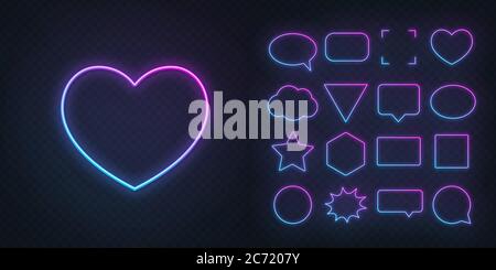 Circle, square, speech bubble, star, triangle, heart, hexagon and other glowing gradient pink blue neon frames on a dark transparent background. Stock Vector