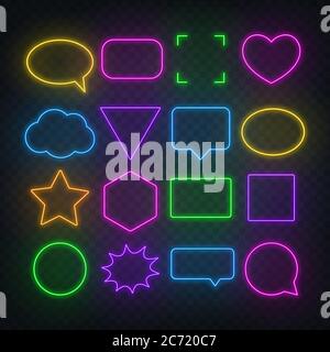 Circle, square, speech bubble, star, triangle, heart, hexagon and other glowing red neon frames on a dark transparent background. Stock Vector