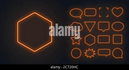 Circle, square, speech bubble, star, triangle, heart, hexagon and other glowing orange neon frames on a dark transparent background. Stock Vector