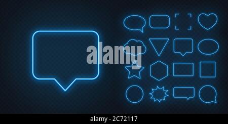 Circle, square, speech bubble, star, triangle, heart, hexagon and other glowing blue neon frames on a dark transparent background. Stock Vector