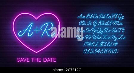 Neon initials in the heart. Neon blue script font. Glowing symbol of love. The template can be used for a wedding invitation or a Valentine's Day card Stock Vector