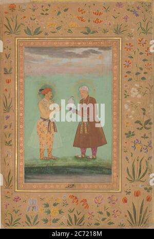 Jahangir and his Father, Akbar, Folio from the Shah Jahan Album, verso: ca. 1630; recto: ca.1540-50. Stock Photo