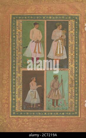 Four Portraits: (upper left) A Raja (Perhaps Raja Sarang Rao), by Balchand; (upper right) 'Inayat Khan, by Daulat; (lower left) 'Abd al-Khaliq, probably by Balchand; (lower right) Jamal Khan Qaravul, by Murad, Folio from the Shah Jahan Album, recto: ca. 1610-15; verso: dated 1541. Stock Photo