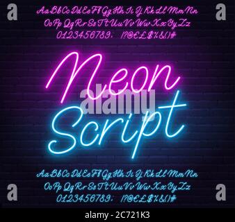 Neon pink and blue script alphabet font. Glowing letters, numbers and special characters. Stock Vector
