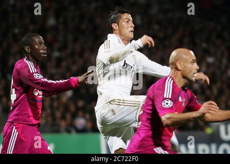 Mouhamadou Dabo , Cristiano Ronaldo and Cris  during the Champion League 2011 - 2012 ,Olympique Lyonnais - Real Madrid  on November 02 2011 in Lyon France - Photo Laurent Lairys / DPPI Stock Photo