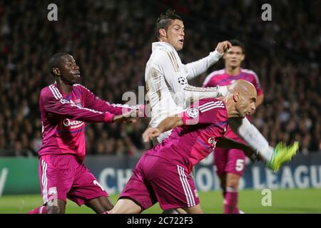 Mouhamadou Dabo , Cristiano Ronaldo and Cris  during the Champion League 2011 - 2012 ,Olympique Lyonnais - Real Madrid  on November 02 2011 in Lyon France - Photo Laurent Lairys / DPPI Stock Photo
