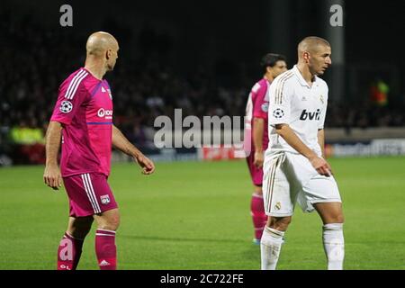 Cris and Karim Benzema  during the Champion League 2011 - 2012 ,Olympique Lyonnais - Real Madrid  on November 02 2011 in Lyon France - Photo Laurent Lairys / DPPI Stock Photo