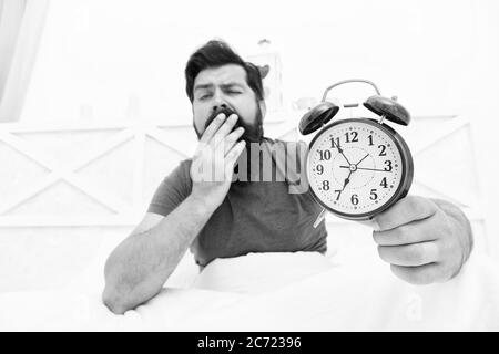Wake up early every morning. Health benefits of rising early. Waking up early gives more time to prepare and be timely. Hipster bearded man in bed with alarm clock. Time to wake up. Healthy habits. Stock Photo