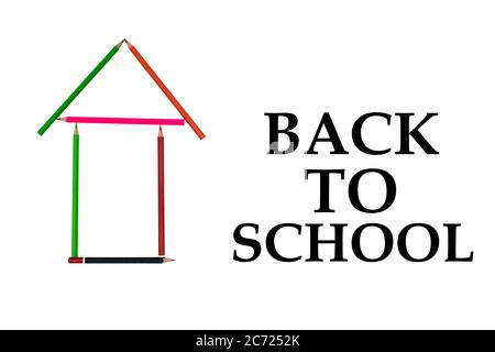 Back to school written beside a house made with some different color wood pencil crayon Stock Photo