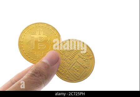 Bitcoin holding in hand isolated on white background with clipping path. Stock Photo