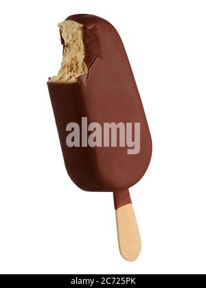 Bitten dark chocolate glazed ice cream bar on a stick; isolated on white background; full depth of field Stock Photo