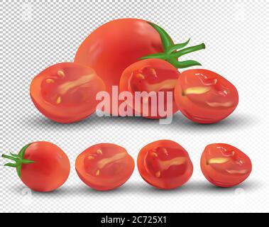 Set of tomato are whole and cut in half. Fresh tomato on transparent background. 3d realistic tomato from different angles. Nature product. Vector illustration.  Stock Vector