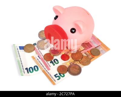 Piggy bank with pile of euro banknotes and coins on white background Stock Photo