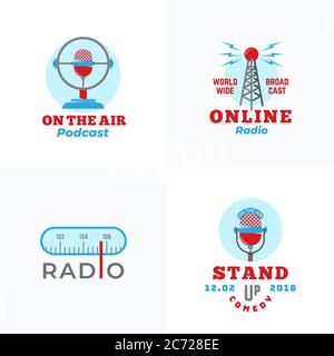 A set of Radio Vector Emblems. Abstract Broadcast Tower, Podcast or Stand Up Comedy Microphone Signs or Logo Templates. Radio Scale and On the Air Stock Vector