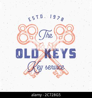 Retro Print Effect Old Keys Sign. Abstract Vector Sign, Symbol or Logo Template. Hand Drawn Crossed Keys Sillhouettes with Classy Retro Typography Stock Vector