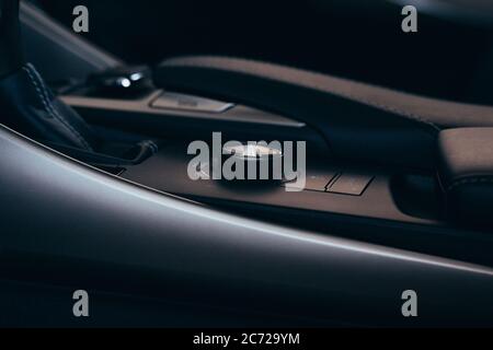 A car handbrake in a modern car. Stock Photo