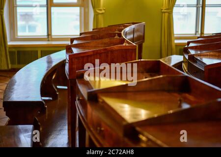 The old classroom of high school students in a gymnasium in Tsarist Russia. Stock Photo