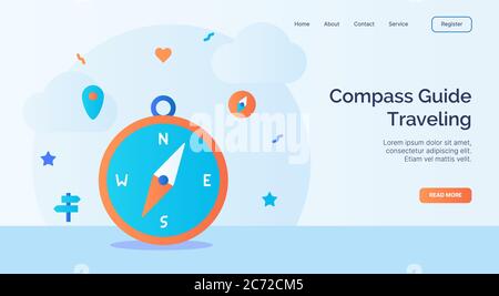 Compass Guide Traveling icon campaign for web website home homepage landing template banner with cartoon flat style. Stock Vector